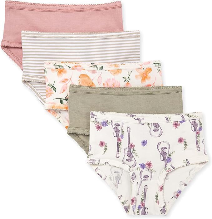 Burt's Bees Baby Girls' Organic Cotton Brief Underwear, 5-Pack Floral Guitars